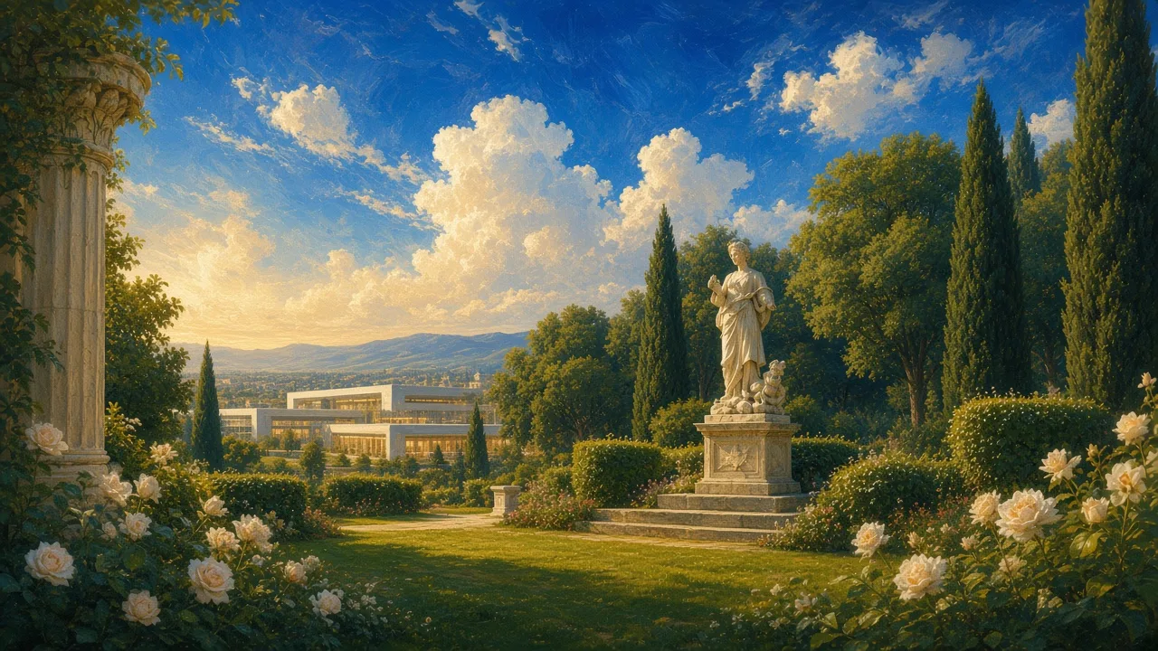 Oil painting of a classical garden with a marble statue overlooking a modern datacenter valley under an electric blue sky